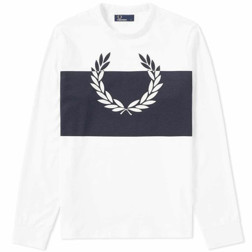 Fred Perry Men's X-Large Long Sleeve Laurel Wreath T-Shirt, Snow White/Navy